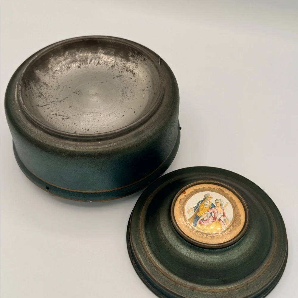 Vintage AluminumMusical Powder/Trinket Box with Painted Victorian Medallion